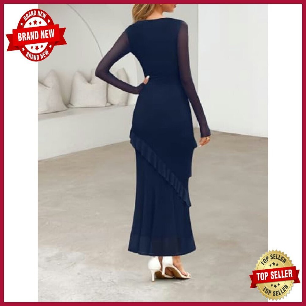 Long Sleeve Maxi Dress Cowl Neck Bodycon Formal Wedding Guest - Picture 4 of 8
